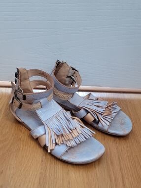 BED STU Womens Taupe Fringe Leather Sandals shoes Blue